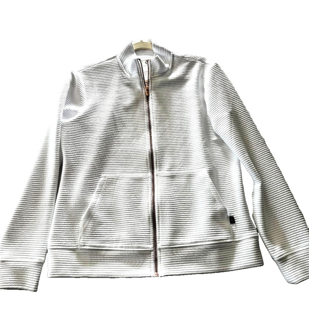 Skechers White Ribbed Full Zip Jacket Womens M Rose Gold Zip Mock Neck Pockets